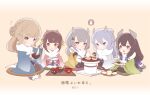  5girls artist_name black_gloves black_hair black_thighhighs blue_eyes blue_kimono blush bowl braid brown_eyes brown_hair chopsticks closed_mouth commentary_request eating food gloves green_kimono grey_eyes grey_hair headgear holding holding_bowl holding_chopsticks holding_plate hoshiakari_(c2_kikan) i-201_(kancolle) i-203_(kancolle) i-47_(kancolle) japanese_clothes kantai_collection kimono light_brown_hair long_hair long_sleeves mochi multiple_girls official_art open_mouth pink_kimono plate ranger_(kancolle) short_hair smile thighhighs translation_request ukuru_(kancolle) white_kimono wide_sleeves yellow_kimono 