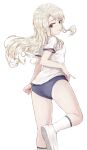  1girl :p absurdres ass asymmetrical_bangs bangs blue_buruma breasts buruma fate/kaleid_liner_prisma_illya fate_(series) floating_hair fook_(gcts5284) from_behind hand_on_hip highres illyasviel_von_einzbern leg_up long_hair looking_at_viewer looking_back red_eyes shirt short_sleeves small_breasts socks solo sportswear standing standing_on_one_leg thighs tongue tongue_out white_footwear white_hair white_shirt white_socks 