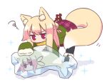  2girls all_fours animal animal_ear_fluff animal_ears animalization black_footwear black_pantyhose blonde_hair boots brown_scarf fox_ears fox_girl fox_tail frozen full_body fur-trimmed_sleeves fur_trim green_jacket hair_bun hair_ornament jacket kemomimi-chan_(naga_u) long_hair long_sleeves multiple_girls naga_u original pantyhose pleated_skirt purple_eyes purple_skirt scarf shadow simple_background skirt sleeves_past_fingers sleeves_past_wrists sparkle squiggle tail v-shaped_eyebrows white_background 