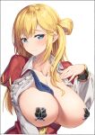  1girl blonde_hair blue_eyes blush breasts collarbone enome futoku_no_guild highres kei_(soundcross) large_breasts no_bra open_clothes pasties white_background 