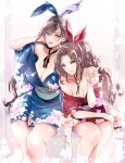  2girls :d absurdres aerith_gainsborough alternate_costume animal_ears black_hair blue_bow bow breasts brown_hair final_fantasy final_fantasy_vii floral_print green_eyes hair_bow hair_intakes hand_on_own_cheek hand_on_own_face highres japanese_clothes kimono large_breasts long_hair looking_at_viewer medium_breasts multiple_girls open_mouth parted_lips red_bow red_eyes shoji_sakura sitting smile thighs tifa_lockhart w 