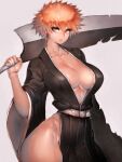  1girl bleach breasts chipped_sword cleavage cowboy_shot fumio_(rsqkr) genderswap genderswap_(mtf) highres holding holding_sword holding_weapon japanese_clothes kimono kurosaki_ichigo large_breasts looking_at_viewer orange_hair over_shoulder pelvic_curtain short_hair simple_background solo spiked_hair sword sword_over_shoulder weapon weapon_over_shoulder wide_sleeves zangetsu_(shikai) zanpakutou 