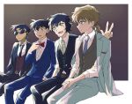  2boys 2girls :d astrayin bangs blue_jacket blue_necktie bow bowtie brown_background brown_hair brown_vest buttons collared_shirt commentary_request green_eyes grey_jacket grey_pants hattori_heiji interlocked_fingers invisible_chair jacket jacket_on_shoulders kudou_shin&#039;ichi meitantei_conan miyano_shiho multiple_boys multiple_girls necktie open_clothes open_jacket own_hands_together pants ponytail red_bow red_bowtie sera_masumi shirt short_hair sitting smile sunglasses teeth upper_teeth_only vest white_background white_shirt 