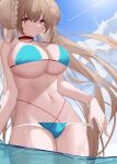  1girl absurdres aqua_bikini azur_lane bikini braid braided_bun breasts chinese_commentary choker commentary formidable_(azur_lane) formidable_(the_lady_of_the_beach)_(azur_lane) from_below hair_bun highres huge_breasts light_brown_hair long_hair multi-strapped_bikini official_alternate_costume outdoors pulled_by_self red_choker red_eyes solo swimsuit very_long_hair wading yongyanting 