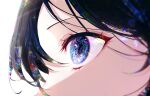  1girl 58_(opal_00_58) bangs black_hair blue_eyes blurry blurry_foreground close-up commentary depth_of_field english_commentary eye_focus eyelashes from_side gradient_eyes hair_over_one_eye highres light_rays looking_away multicolored_eyes one_eye_covered original rainbow shadow sidelighting simple_background solo white_background 