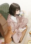  1girl artist_name black_hair brown_eyes cat cup drinking hair_between_eyes holding holding_cup indian_style indoors looking_to_the_side mattaku_mousuke medium_hair mug original sitting socks solo watermark 