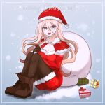  1girl :d alternate_costume artist_name ass bangs black_pantyhose blonde_hair box breasts brown_gloves capelet cleavage danganronpa_(series) danganronpa_v3:_killing_harmony dress gift gift_box gloves grey_eyes hat iruma_miu long_hair looking_at_viewer merry_christmas mikao_(eanv5385) open_mouth pantyhose red_capelet red_dress red_headwear santa_hat shoes sitting smile snowflakes solo 