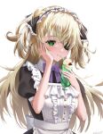  1girl apron bangs black_ribbon blonde_hair blush bow bowtie breasts chuunibyou dress drinking_straw drinking_straw_in_mouth eyepatch fischl_(genshin_impact) frills genshin_impact green_eyes hair_ribbon hand_on_own_cheek hand_on_own_face highres long_hair maid maid_apron maid_headdress medium_breasts mihata_atelier puffy_sleeves purple_bow purple_bowtie purple_ribbon qi_maid ribbon smile solo two_side_up 