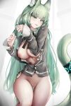  1girl :p absurdres animal_ear_fluff animal_ears arknights bangs bar_censor bottomless breasts breasts_out cardigan cat_ears cat_tail censored commentary_request cowboy_shot female_pubic_hair green_eyes green_hair grey_cardigan harmonie_(arknights) highres infection_monitor_(arknights) large_breasts long_hair long_sleeves looking_at_viewer nipples no_bra nopetroto open_cardigan open_clothes pubic_hair pussy solo tail thighs tongue tongue_out very_long_hair 