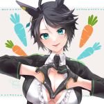  1girl :d ahoge animal_ears bangs black_gloves black_hair black_jacket black_necktie blue_eyes breasts carrot center_frills cleavage collared_shirt commentary_request ear_ornament ear_piercing frilled_shirt frills fuji_kiseki_(umamusume) gloves gold_trim hair_between_eyes heart heart_hands highres hitsuji_no_shi horse_ears horse_girl jacket large_breasts long_sleeves looking_at_viewer multicolored_hair necktie open_mouth partial_commentary piercing shirt short_hair sidelocks signature smile solo umamusume upper_body white_background white_hair white_shirt 