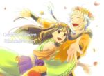  anniversary brother_and_sister brown_hair english_text freyjadour_falenas gensou_suikoden gensou_suikoden_v head_wreath hug long_hair lymsleia_falenas m6c6m orange_shirt outstretched_hand shirt siblings smile white_hair 