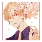  1boy bangs blonde_hair branch buttons collared_shirt earrings fate/grand_order fate_(series) flower gilgamesh_(fate) hair_between_eyes highres jewelry looking_at_viewer lower_teeth_only open_mouth petals red_eyes shirt short_hair shu_(oshigoto_boshuuchuu) simple_background solo square teeth white_background 