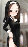  +++ 1girl absurdres bangs black_dress blurry blurry_background blush breasts brown_eyes brown_hair clothes_lift covered_navel cross depth_of_field dress dress_lift forehead grin groin habit highres indoors karakai_jouzu_no_takagi-san latin_cross lifted_by_self long_hair long_sleeves looking_at_viewer note2000 nun parted_bangs small_breasts smile solo takagi-san 