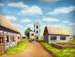  algoinde blue_sky brick_wall building church cloud cloudy_sky crops day dirt_road door english_commentary flower_pot grass highres house lamppost minecraft no_humans open_shutters outdoors path plant potted_plant road scenery shadow shutter sky stone sunlight village well window 