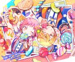  1boy 1girl ;) bangs blonde_hair buttons candy colorful cupcake doughnut food gradient_hair highres holding holding_candy holding_food jelly_bean lollipop momomo_(m0_3) multicolored_hair one_eye_closed ootori_emu open_mouth orange_eyes orange_hair pink_eyes pink_hair pop_in_my_heart!!_(project_sekai) project_sekai short_hair sleeveless smile taiyaki tenma_tsukasa wagashi wrapped_candy 
