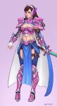  1girl belt bike_shorts blizzard blue_cape brown_hair bunny_head cape d.va_(overwatch) facial_mark fantasy fonteart full_body gloves highres knight midriff navel overwatch pelvic_curtain pink_armor pink_gemstone solo stomach sword warrior weapon wedge_heels white_gloves 
