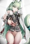 1girl :p absurdres animal_ear_fluff animal_ears arknights bangs bar_censor bottomless breasts breasts_out cape cardigan cat_ears cat_tail censored commentary_request cowboy_shot female_pubic_hair green_eyes green_hair grey_cardigan harmonie_(arknights) highres infection_monitor_(arknights) large_breasts long_hair long_sleeves looking_at_viewer nipples no_bra nopetroto open_cardigan open_clothes pubic_hair pussy solo tail thighs tongue tongue_out very_long_hair white_cape 