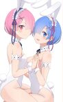  2girls absurdres animal_ears armlet bangs bare_shoulders black_ribbon blue_eyes blue_hair blunt_bangs blush breasts camui1104 chinese_zodiac choker cleavage closed_mouth cross_hair_ornament fishnets frilled_hairband frills hair_ornament hair_over_one_eye hairband highleg highleg_leotard highres holding_hands leotard looking_at_viewer medium_breasts multiple_girls neck_ribbon open_mouth pink_hair playboy_bunny rabbit_ears rabbit_tail ram_(re:zero) re:zero_kara_hajimeru_isekai_seikatsu red_eyes rem_(re:zero) ribbon short_hair sidelocks simple_background sitting small_breasts smile strapless strapless_leotard tail teeth upper_teeth_only white_background white_choker white_headdress white_leotard white_wrist_cuffs wrist_cuffs year_of_the_rabbit 