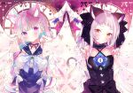  2girls ahoge anchor_symbol animal_ear_fluff animal_ears black_dress black_ribbon blue_hair blue_sailor_collar blush braid breasts cat_ears cat_tail choker curtains dress eyes_visible_through_hair flower frilled_choker frills hair_ribbon heart_tail_duo hololive minato_aqua moo_(umineko) multicolored_hair multiple_girls murasaki_shion neck_ribbon pleated_skirt purple_eyes purple_hair ribbon sailor_collar shirt skirt small_breasts tail twin_braids virtual_youtuber white_hair white_ribbon white_shirt yellow_eyes 