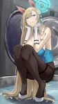  1girl animal_ears asuna_(blue_archive) asuna_(bunny)_(blue_archive) bangs bare_shoulders black_pantyhose blonde_hair blue_archive blue_eyes blue_leotard blue_ribbon breasts commentary_request fake_animal_ears full_body gloves grin hair_ribbon halo hands_up high_heels highres large_breasts leotard long_hair looking_at_viewer official_alternate_costume pantyhose playboy_bunny ref_(pmxt4483) ribbon smile solo strapless strapless_leotard thighband_pantyhose very_long_hair washing_machine white_footwear white_gloves 