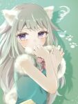  1girl animal_ears aqua_background aqua_shirt bare_arms bow collared_shirt colored_eyelashes covering_mouth fake_animal_ears fur-trimmed_shirt fur_trim grey_hair hand_over_own_mouth highres kusanagi_nene light_green_hair paw_print pink_bow project_sekai purple_eyes shadow shiro_noo shirt simple_background sleeveless sleeveless_shirt solo upper_body 