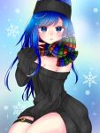  1girl adapted_costume bangs bare_shoulders blue_hair blush breasts cleavage hand_on_lap hand_up hat hecatia_lapislazuli hecatia_lapislazuli_(earth) long_hair looking_at_viewer medium_breasts nose_blush off-shoulder_sweater off_shoulder parted_lips plaid plaid_scarf ribbed_sweater scarf simple_background sitting sleeves_past_wrists snowflake_background snowflakes solo sweater swept_bangs teeth thick_thighs thigh_strap thighs touhou utagi_0216 very_long_hair 