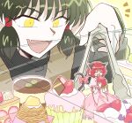  1boy 1girl animal_ears cake cat_ears cat_tail chocolate closed_mouth commentary_request cupcake eating fang food food_on_face fruit green_hair highres hs1122 magical_girl momomiya_ichigo quiche_(tokyo_mew_mew) red_hair short_hair smile strawberry tail tokyo_mew_mew yellow_eyes 