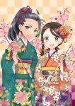  2girls :d alternate_costume arrow_(projectile) bangs black_hair braid brown_eyes brown_hair commentary_request dark-skinned_female dark_skin eyelashes freckles green_hair green_kimono holding holding_arrow japanese_clothes juliana_(pokemon) kimono looking_at_viewer morisawa_machi multicolored_hair multiple_girls nemona_(pokemon) open_mouth orange_kimono partial_commentary pokemon pokemon_(game) pokemon_sv ponytail sash smile teeth two-tone_hair upper_teeth_only yellow_sash 