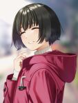  1girl artist_name black_hair blurry blurry_background closed_eyes facing_viewer hand_up hood hooded_jacket jacket mattaku_mousuke original outdoors parted_lips red_jacket short_hair smile solo teeth upper_body watermark 