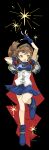  101u1 1girl arle_nadja armor black_background blue_footwear blue_skirt brown_hair cape fingerless_gloves full_body gloves highres looking_at_viewer madou_monogatari open_mouth ponytail puyopuyo red_cape shoulder_armor skirt solo standing standing_on_one_leg star_(symbol) yellow_eyes 