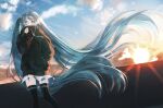  1girl absurdly_long_hair black_jacket black_thighhighs blue_eyes blue_hair blue_sky cloud cloudy_sky commentary covered_mouth floating_hair hand_in_pocket hatsune_miku highres jacket long_hair long_sleeves looking_at_viewer outdoors pentagon_(railgun_ky1206) pleated_skirt puffy_long_sleeves puffy_sleeves skirt sky solo sunrise thighhighs twintails very_long_hair vocaloid white_skirt 