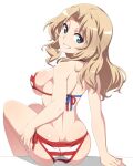  1girl american_flag_bikini ass bikini blonde_hair blue_eyes blush breasts flag_print from_behind girls_und_panzer grin kay_(girls_und_panzer) large_breasts long_hair looking_at_viewer nanashino shiny shiny_hair shiny_skin side-tie_bikini_bottom simple_background sitting smile solo swimsuit white_background 