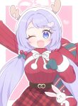  1girl :d antlers arm_up bangs belt blue_archive border bow bowtie christmas fake_antlers halo hanae_(blue_archive) hanae_(christmas)_(blue_archive) heart highres holding holding_sack long_hair long_sleeves looking_at_viewer mistletoe_hair_ornament naga_u official_alternate_costume one_eye_closed open_mouth pink_background purple_eyes purple_hair red_skirt red_sweater reindeer_antlers sack skirt smile solo sweater turtleneck turtleneck_sweater twintails white_border white_bow white_bowtie 