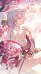  1girl absurdres breasts cherry_blossoms cleavage closed_eyes detached_collar dlgeria eyeshadow fingernails from_side grey_hair highres japanese_clothes kimono makeup medium_breasts off_shoulder onmyoji parted_lips red_eyeshadow shiki_(onmyoji) sitting solo white_kimono 