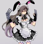  1girl animal_ears apron black_gloves black_hair breasts brown_hair claw_(weapon) cleavage clenched_hands closed_mouth commentary_request dress earrings final_fantasy final_fantasy_vii final_fantasy_vii_remake fingerless_gloves frilled_dress frilled_skirt frilled_sleeves frills gloves grey_background hair_between_eyes hands_up jewelry long_hair looking_at_viewer lowres maid maid_apron maid_headdress medium_breasts mono0805 puffy_short_sleeves puffy_sleeves rabbit_ears red_eyes short_sleeves sidelocks simple_background skirt smile solo tifa_lockhart upper_body weapon 