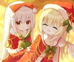  2girls :d :o ^_^ bangs blonde_hair bow bridal_gauntlets brown_eyes capelet closed_eyes dress fur-trimmed_capelet fur_trim green_bow grey_hair hair_between_eyes hair_bow hair_ornament hairclip hat multiple_girls original red_bow red_capelet red_dress red_headwear red_skirt santa_costume santa_hat shirt skirt smile star_(symbol) white_shirt yuuhagi_(amaretto-no-natsu) 