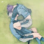  2boys black_gloves blue_lock blue_shirt blue_socks breath character_name commentary_request covered_face gloves grass grey_hair grey_shorts hand_on_another&#039;s_head highres long_sleeves lying male_focus mikage_reo multiple_boys nagi_seishirou on_ground on_side open_mouth purple_hair shirt shirt_grab short_hair short_ponytail shorts soccer_uniform socks sportswear sweat yng_z 