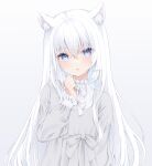  1girl animal_ears blue_eyes cat_ears cat_girl dress grey_background grey_dress highres kanora long_hair long_sleeves looking_at_viewer original parted_lips puffy_long_sleeves puffy_sleeves shirt white_hair white_shirt 