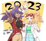  1boy 1girl 2023 :d bangs buttons chinese_zodiac commentary_request dark-skinned_male dark_skin dede_(qwea_00000) double_v eyewear_on_head facial_hair green_eyes green_nails green_shirt hair_ornament hands_up happy_new_year hat heart heart_hair_ornament holding holding_clothes holding_hat korean_commentary leon_(pokemon) long_hair nail_polish open_mouth orange_hair pants pokemon pokemon_(creature) pokemon_(game) pokemon_swsh purple_hair ribbed_shirt scorbunny shirt side_ponytail smile sonia_(pokemon) sunglasses tailcoat teeth tongue upper_teeth_only v year_of_the_rabbit yellow_eyes 