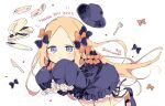  1girl 2022 :t abigail_williams_(fate) bangs black_bow black_dress black_footwear black_headwear blonde_hair blue_eyes bow closed_mouth commentary_request dress fate/grand_order fate_(series) food forehead fork hair_bow hat hat_removed headwear_removed knife long_hair long_sleeves looking_at_viewer orange_bow pancake parted_bangs shoes signature simple_background sleeves_past_fingers sleeves_past_wrists sofra solo thank_you twitter_username very_long_hair white_background 