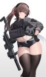  1girl alternate_costume black_gloves black_thighhighs blue_eyes brown_hair bullet combat_shirt cowboy_shot cracked_helmet ear_protection female_commander_(girls&#039;_frontline) flashlight girls&#039;_frontline gloves gun h&amp;k_mp7 hair_ribbon headset helmet highres holding holding_helmet holding_weapon holster ka941 looking_at_viewer magazine_(weapon) micro_shorts midriff military_helmet navel plate_carrier ponytail red_ribbon ribbon short_shorts shorts simple_background solo submachine_gun suppressor tactical_clothes thighhighs weapon white_background 