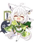  1girl 7:08 absurdres ahoge animal_ear_fluff animal_ears apron bangs braid check_commentary chibi closed_eyes commentary_request earrings extra_ears facing_viewer fox_ears fox_girl fox_tail green_kimono hair_between_eyes hanging_scroll highres hololive japanese_clothes jewelry kimono leg_up long_hair maid_apron outstretched_arm pentagram scroll shirakami_fubuki sidelocks simple_background single_braid solo tail thighhighs translated virtual_youtuber wa_maid white_background white_hair white_thighhighs zettai_ryouiki 
