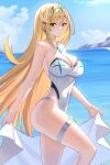  1girl absurdres bare_arms bare_shoulders blonde_hair blue_sky blush breasts casual_one-piece_swimsuit chest_jewel choker cleavage closed_mouth covered_navel day earrings highres holding jewelry large_breasts long_hair looking_at_viewer mythra_(radiant_beach)_(xenoblade) mythra_(xenoblade) northman ocean official_alternate_costume one-piece_swimsuit outdoors sky solo standing strapless strapless_swimsuit swimsuit thigh_strap tiara very_long_hair water white_choker white_one-piece_swimsuit xenoblade_chronicles_(series) xenoblade_chronicles_2 yellow_eyes 