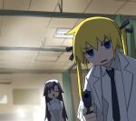  2girls aiming aiming_at_viewer bangs black_necktie black_ribbon blonde_hair blue_eyes blurry blurry_background ceiling_light closed_eyes collared_shirt goshiki_agiri gun hair_ribbon handgun hat highres holding holding_gun holding_weapon indoors infirmary kill_me_baby labcoat long_hair looking_at_viewer meme metal_gear_(series) metal_gear_solid_v:_the_phantom_pain multiple_girls necktie nine_years_in_a_coma_(meme) nurse nurse_cap parted_lips pov privacy_screen ribbon scene_reference shirt short_sleeves smile sonya_(kill_me_baby) twintails v_arms weapon white_headwear yachima_tana 