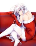  1girl 86_-eightysix- antenna_hair bare_back bare_shoulders christmas couch dress elbow_gloves feet fur-trimmed_dress fur_trim gloves grey_eyes highres kiri_tyan long_hair looking_at_viewer red_dress red_gloves santa_costume santa_dress smile thighhighs vladilena_millize white_thighhighs 