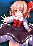  1girl black_skirt black_vest blonde_hair blush bow bowtie collared_shirt fang frilled_skirt frills hair_between_eyes hair_ribbon highres long_sleeves open_mouth red_bow red_bowtie red_eyes red_ribbon ribbon rumia ruu_(tksymkw) shirt short_hair skirt solo touhou vest white_shirt 