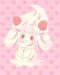 absurdres alcremie alcremie_(strawberry_sweet) blush closed_mouth commentary_request food fruit full_body heart heart_background highres meru_(mer_milky77) no_humans pink_background pokemon pokemon_(creature) smile solo strawberry watermark 