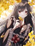  1girl autumn bangs blush brown_hair closed_mouth ginkgo ginkgo_leaf hair_between_eyes highres holding holding_leaf japanese_clothes kimono leaf light_blush long_hair long_sleeves looking_at_viewer original outdoors red_eyes smile solo user_gdju3344 