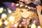  1girl black_headwear black_vest blonde_hair bow braid commentary grin hair_between_eyes hair_bow hat highres kirisame_marisa looking_at_viewer portrait shirt single_braid smile solo teeth touhou uroam vest white_bow white_shirt witch_hat yellow_eyes 