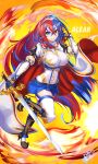  1girl absurdres alear_(fire_emblem) alear_(fire_emblem)_(female) armor blue_eyes blue_hair blue_skirt breasts cape fire_emblem fire_emblem_engage hair_between_eyes heterochromia highres impossible_clothes impossible_shirt large_breasts leg_up long_hair looking_at_viewer miniskirt multicolored_hair nez-box red_eyes red_hair shirt signature skirt smile solo sword thighhighs thighs very_long_hair weapon zettai_ryouiki 